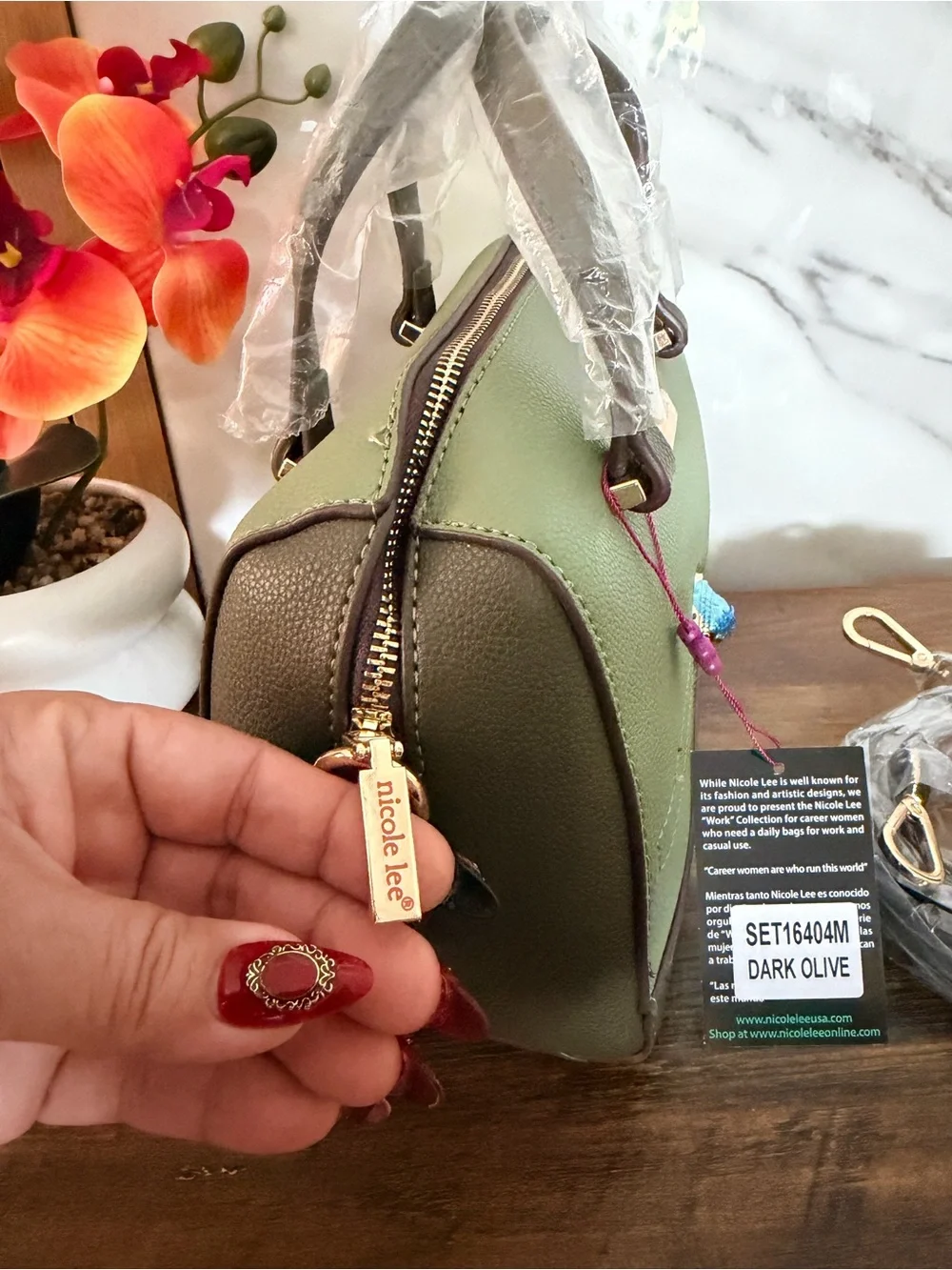 Nicole Lee Dark Olive Dome Satchel with Gold Accents
